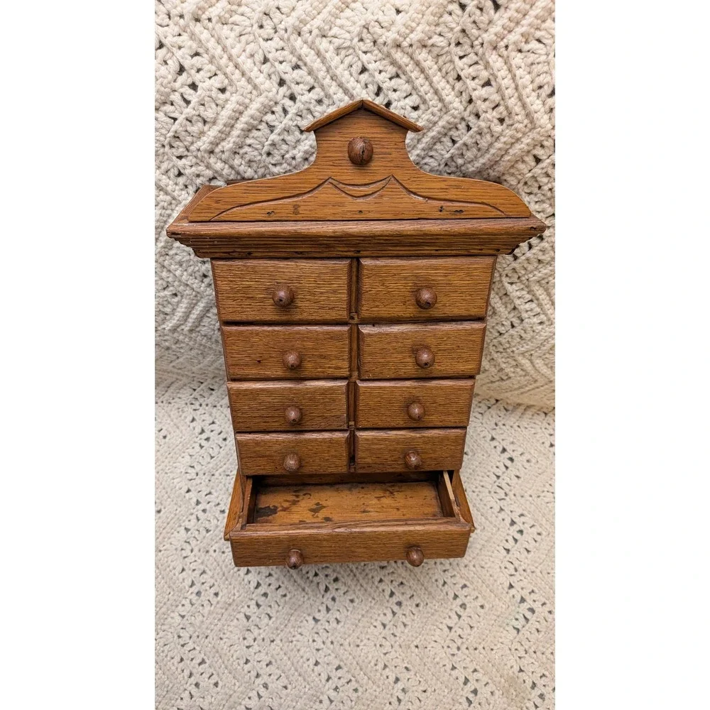 Vintage Wooden Apothecary Wall Cabinet 9 Drawer Spice Chest  Box 16x8x3